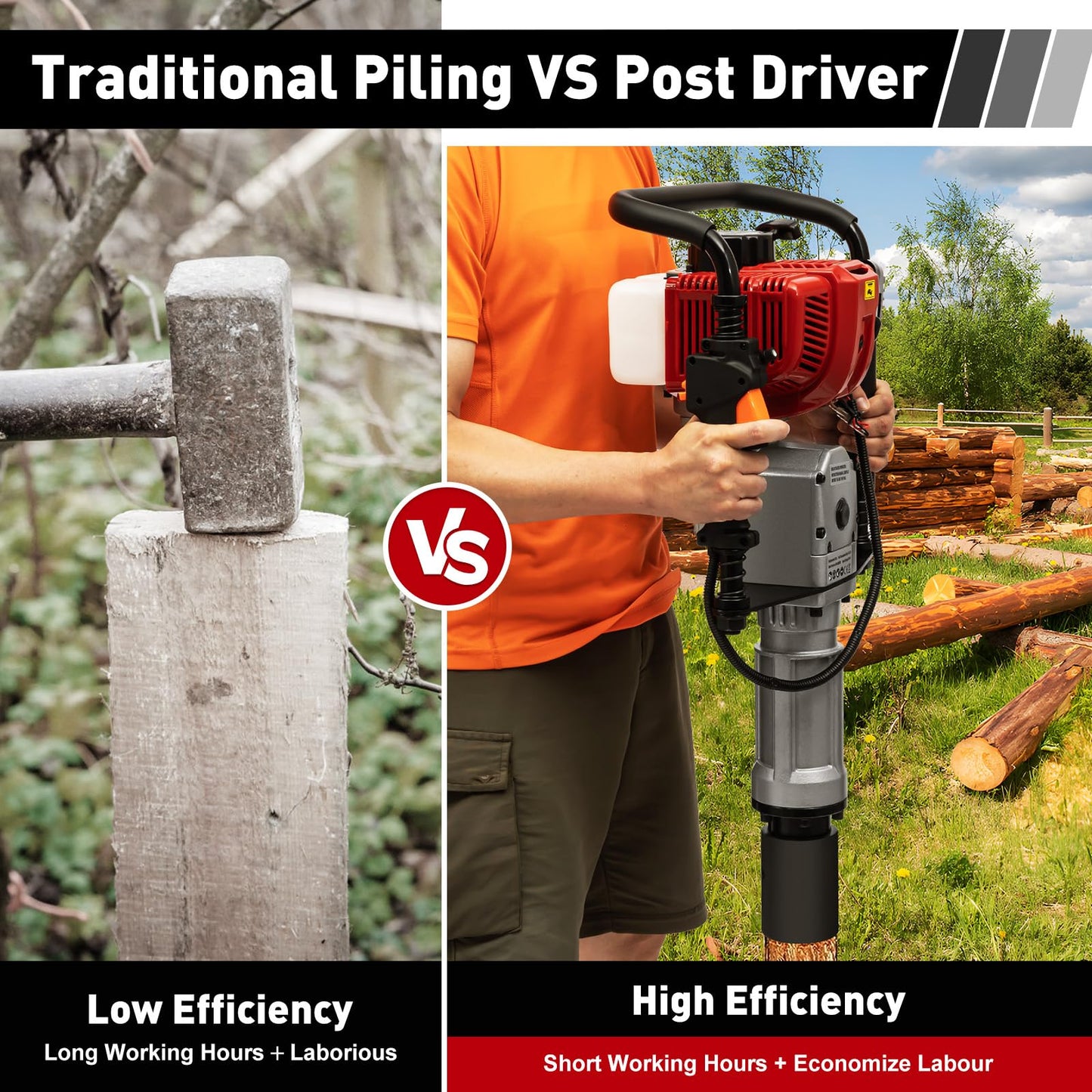 POIOKLJRE 52CC Gas Powered T Post Driver, 1900W Air-Cooled Petrol Piledriver w/Shock Absorption & 2 Socket Sizes (55/70mm), for Fencing & Solar