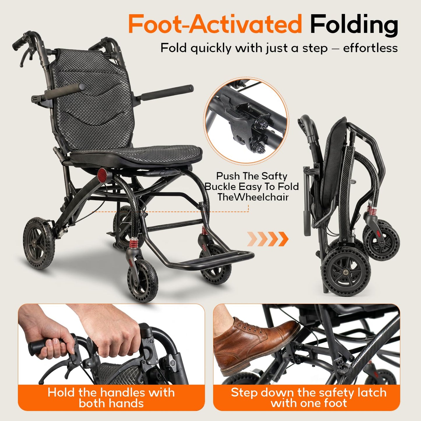 SOFTFISH Wheelchair for Adults with Pull Rod, 1s Foot-fold Transport Wheelchair Lightweight Foldable, Wheelchairs with Flip-Back Armrest & Footrest, Handbrakes, Travel Transport Chair for Seniors