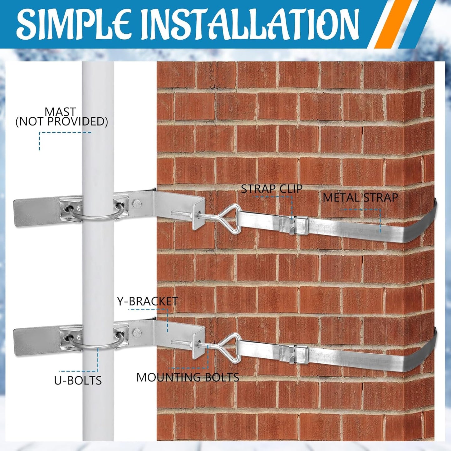 2 Set 12 4 Inch Blulu TV Antenna Chimney Y-Mount Kit ft Galvanized Steel Straps Stainless Steel Standoff Pole