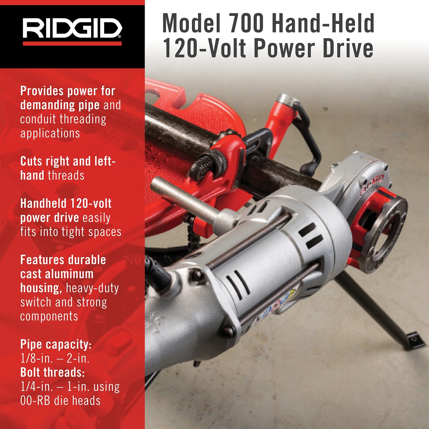 RIDGID 41935 Model 700 Hand-Held 120-Volt Power Drive Pipe Threader, Compatible with RIDGID 12-R, 00-R, 00-RB, and 11-R Die Heads, Silver