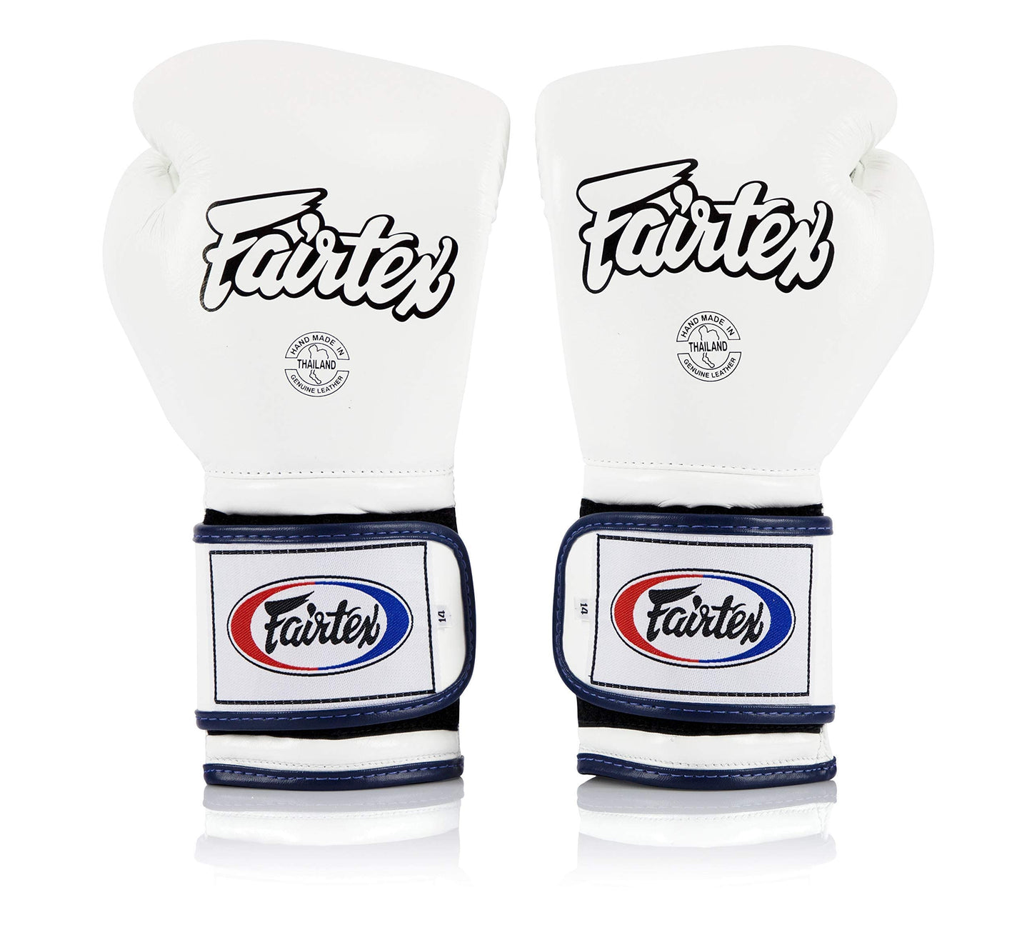 Fairtex Muay Thai Boxing Gloves BGV9 - Heavy Hitter Mexican Style Training & Sparring Gloves for Kick Boxing MMA K1 (White/Blue Piping, 16 oz)