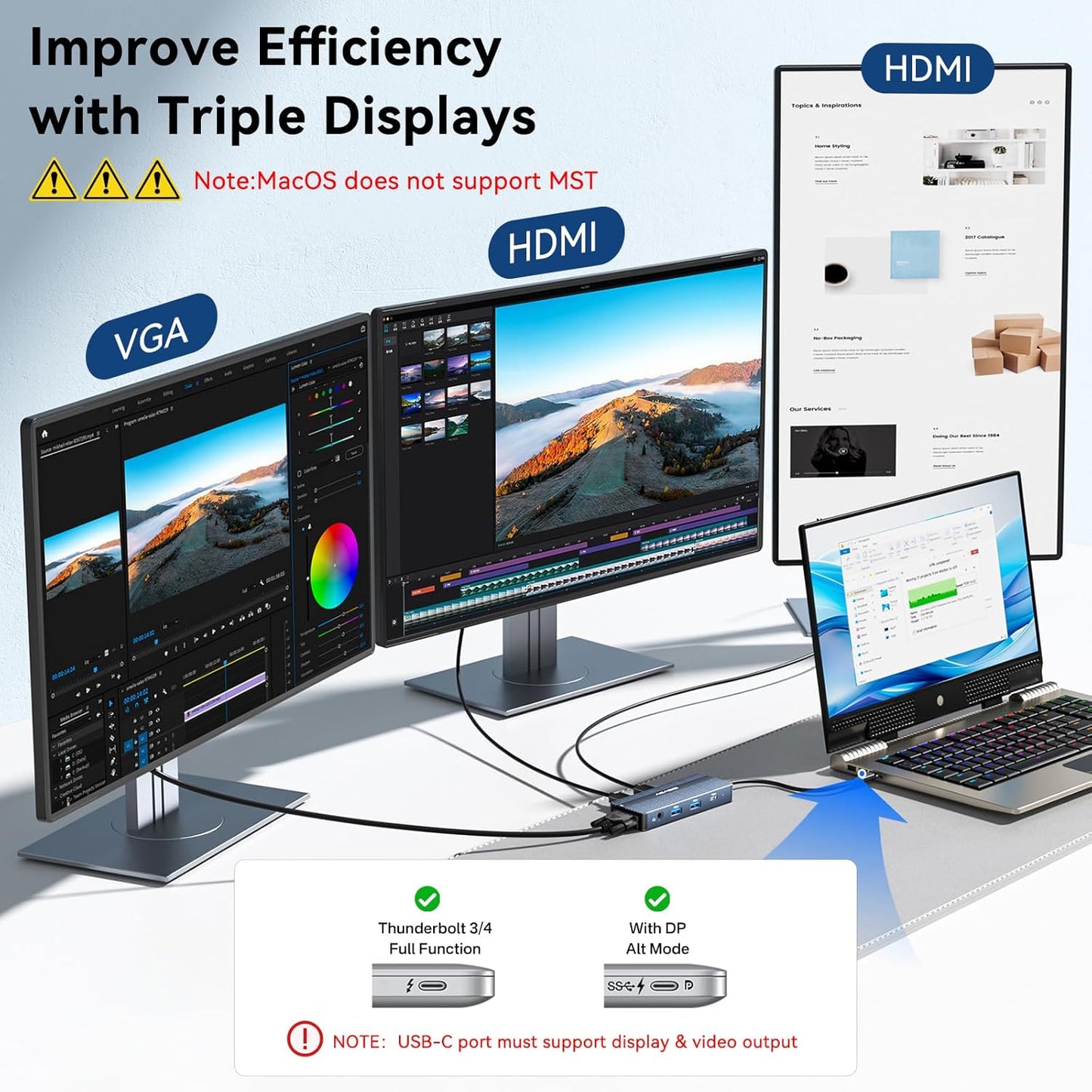 ANYOYO 8-in-1 3 4K +PD100W+Audio USB C Docking Station Dual HDMI Monitor Adapter USB C HUB Monitors Adapter with HDMI