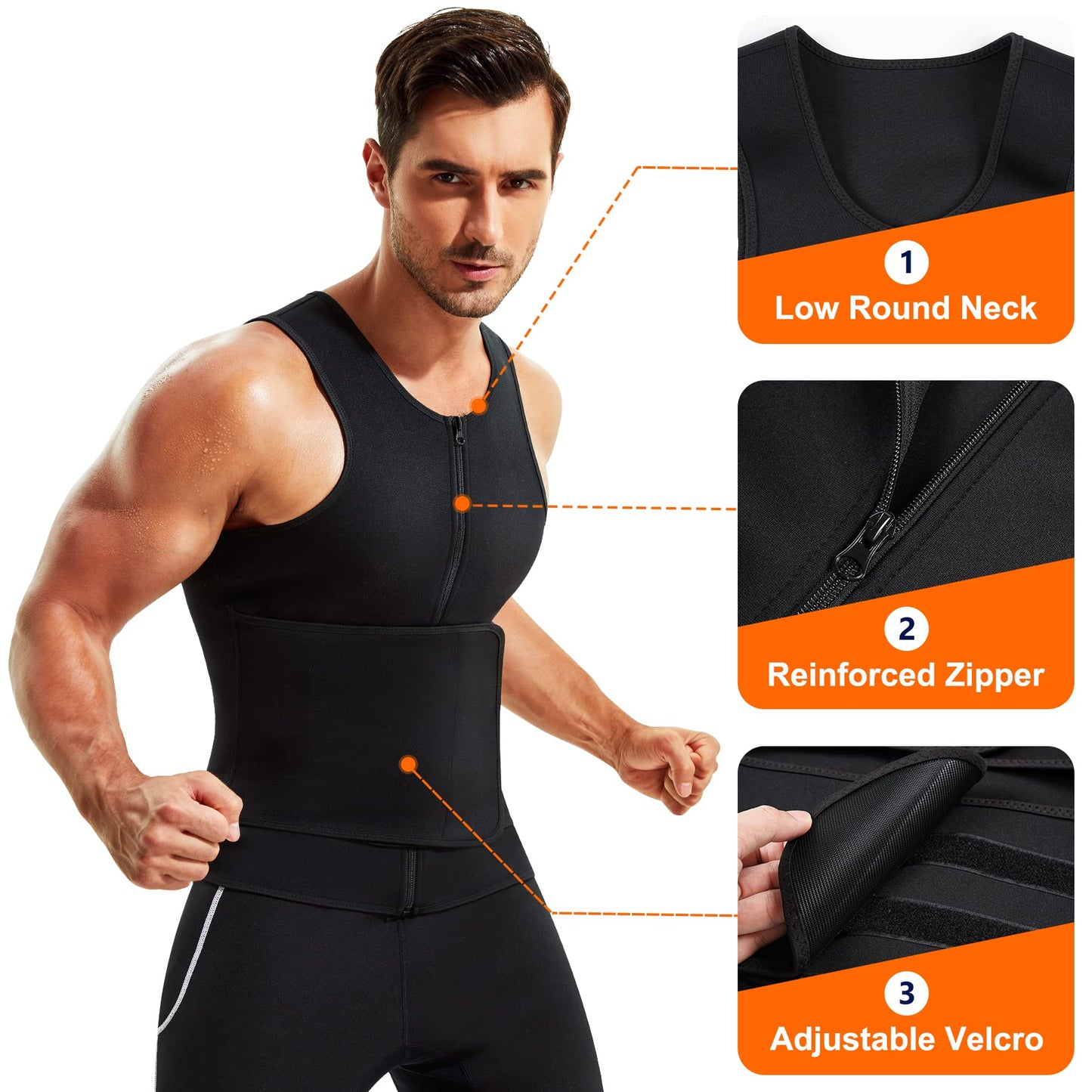 Wonderience Neoprene Sauna Suit for Men Waist Trainer Vest Zipper Body Shaper with Adjustable Belt Tank Top (Black, Large)