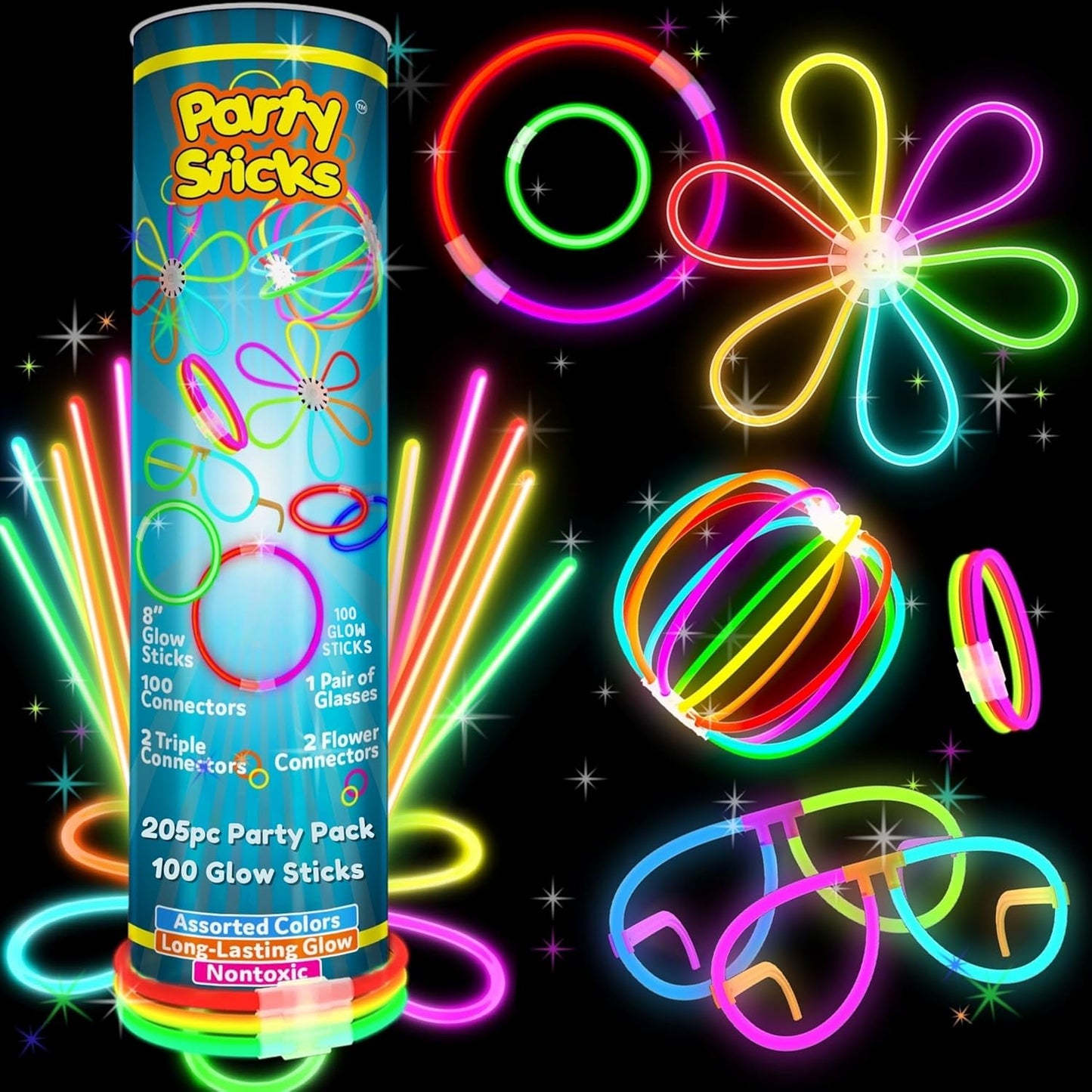 PartySticks Ultra Bright Glow Sticks - Glow in The Dark Party Supplies with Glasses, Bracelets & Connectors | Perfect for Halloween & 4th of July Celebrations