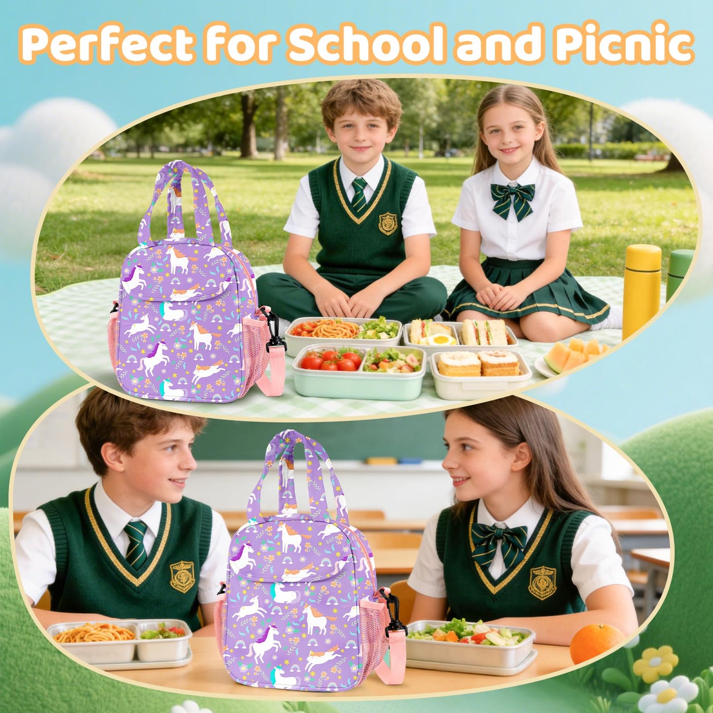 ZAZIWZ Lunch Bag for Kids Insulated Lunch Boxe for Girls Boys Small Reusable Cooler Tote Lunchbox Back to School Cute Lunchbag for Teens (unicorn)