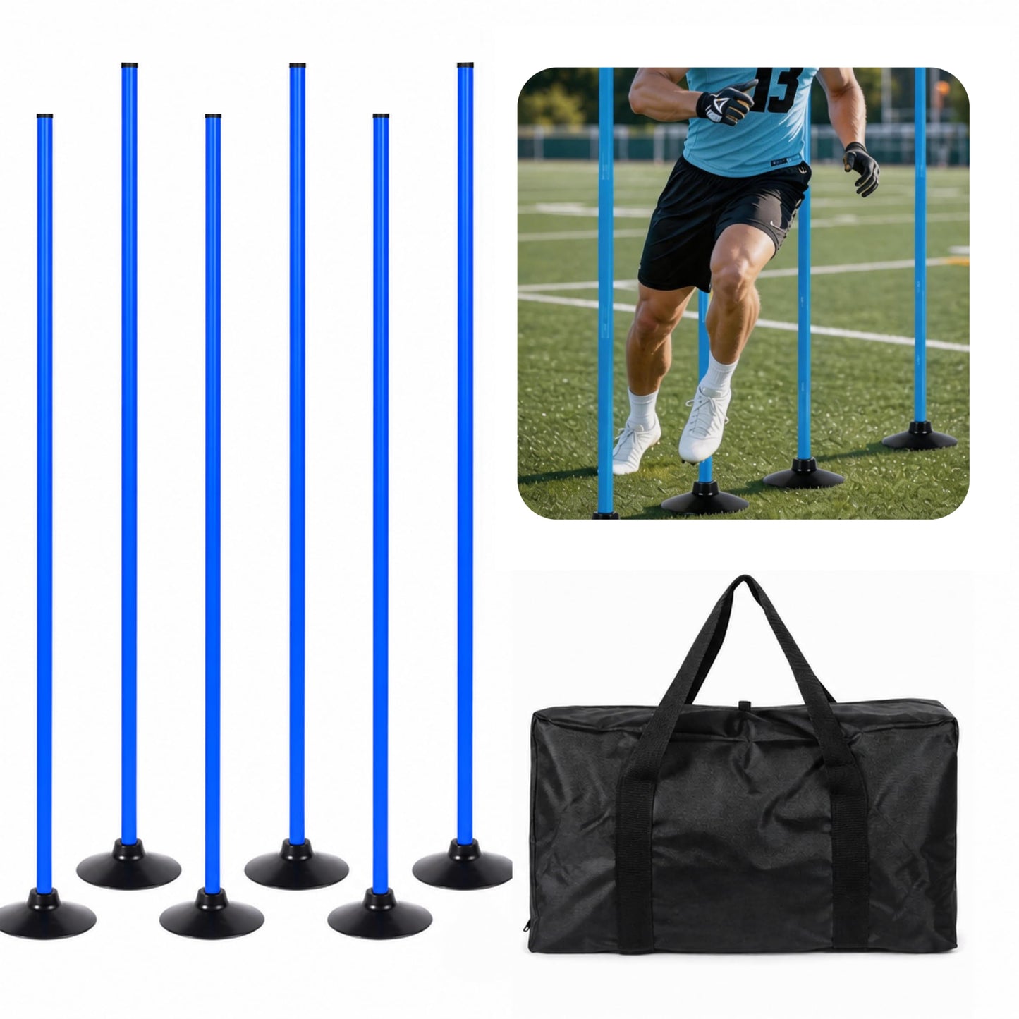 6 Pack Soccer Agility Training Poles, 5 FT Adjustable Speed and Agility Training Equipment for Football/Basketball/ Dog Practice, Bending Poles for Horses with Rubber Bases and Carry Bag (Blue)