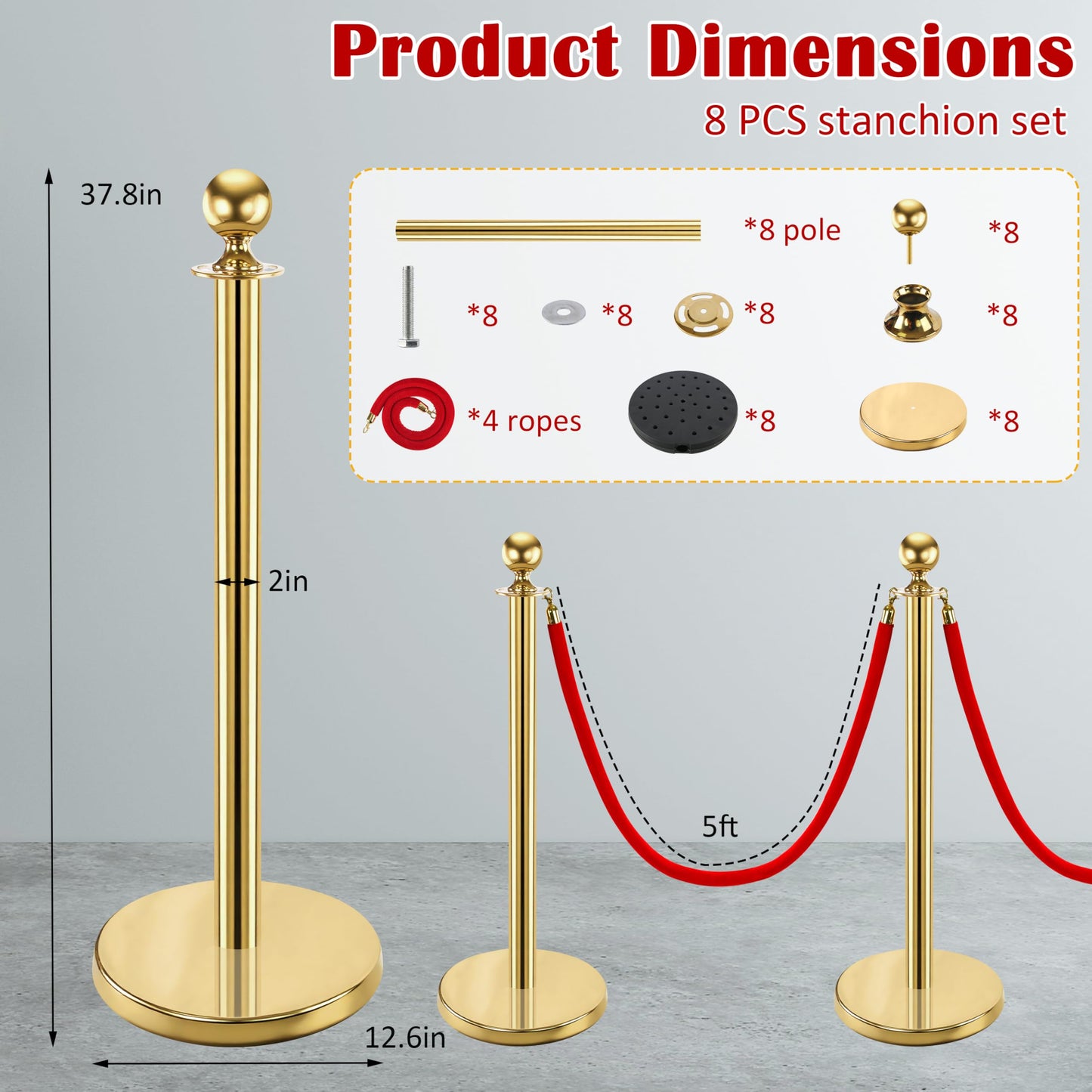 Goldshire 8 PCS Stanchions and Velvet Ropes Set, Stainless Steel Post with 4 Red Velvet Ropes, Crowd Control Barriers, Red Carpet Runner Poles for Party, Wedding, Queue