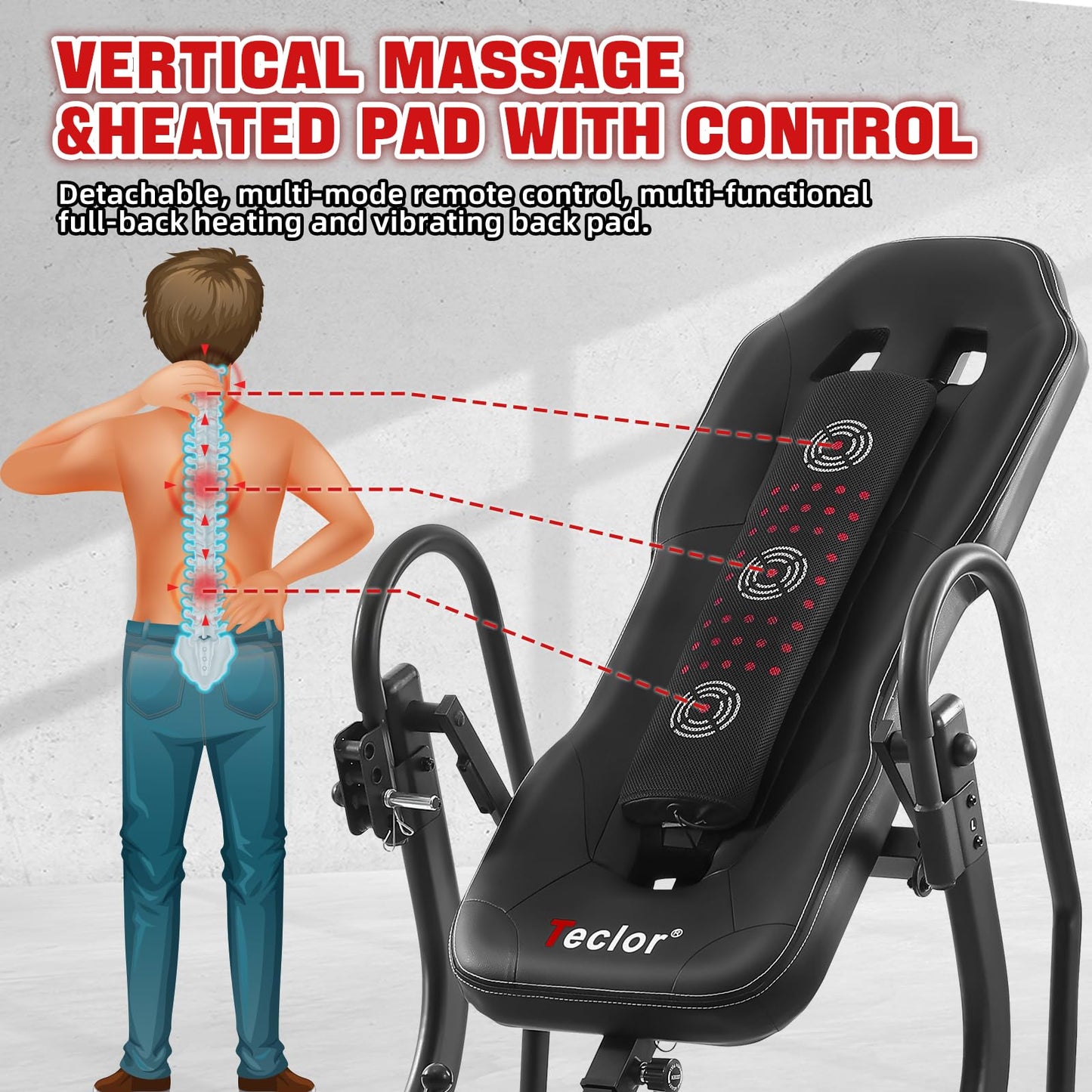 Teclor Inversion Table,Advanced Heat and Massage Function,Strength Training Inversion Table for Back Pain Relief,350 lbs Capacity with Thickened 3D Memory Foam backrest,Black