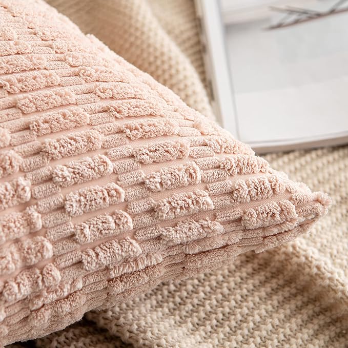 MIULEE Pack of 2 Corduroy Decorative Throw Pillow Covers 18x18 Inch Soft Boho Striped Pillow Covers Modern Farmhouse Home Decor for Sofa Living Room Couch Bed Pink Spring Valentine Decor