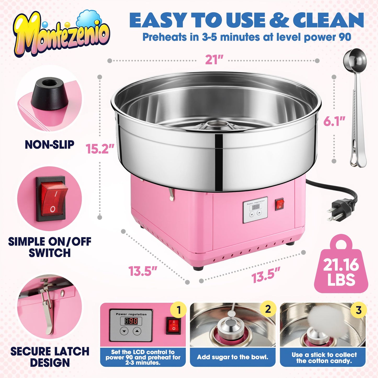 𝟐𝟎𝟐𝟓 𝐔𝐩𝐠𝐫𝐚𝐝𝐞𝐝 Cotton Candy Machine Commercial, 1000W Electric Cotton Candy Maker Kit with Pure Copper Motor, 21” Commercial Cotton Candy Maker Machine for Kids Birthday, Family Party Pink
