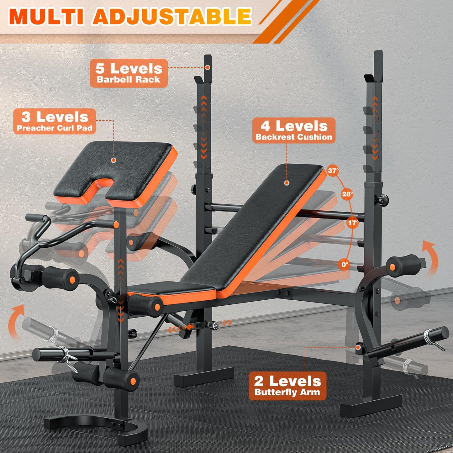 XDDIAS Bench Press, 6 IN 1 Olympic Weight Bench With Leg Extension, Curl and Squat Rack, 770LBS Multi Weight Benches for Home Gym, Workout Bench Flat Incline Lifting Bench for Strength Training