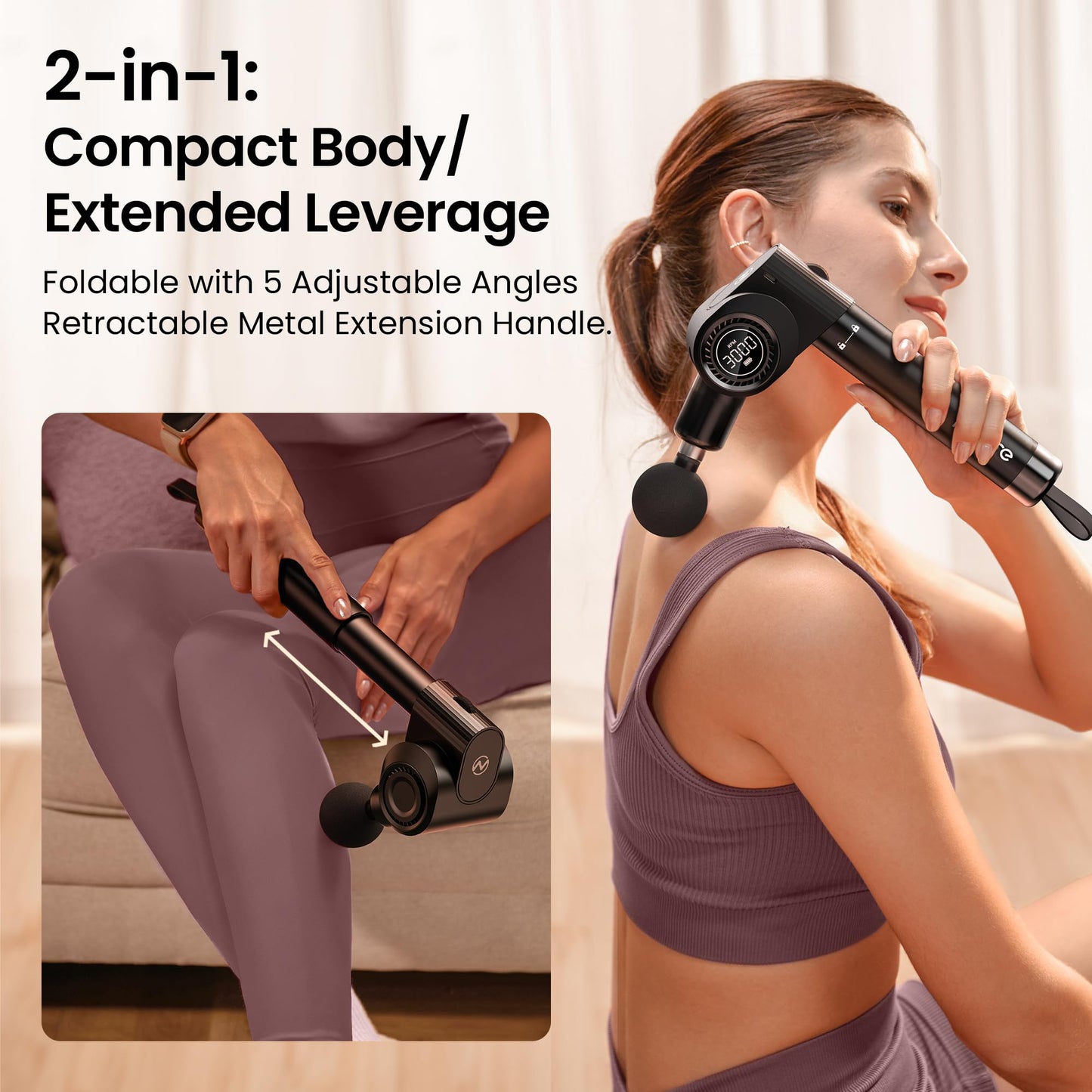 NAPRE Foldable Massage Gun with Extension Handle & 5 Adjustable Angles,Deep Tissue Back Massage for Neck/Body Pain Relief,Handheld Percussion Muscle Massager,32 Speeds,6 Heads & Silent,with Case
