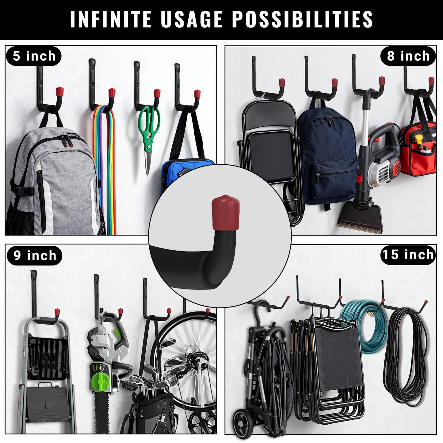 BRCRXW 6 Pack Garage Hooks Heavy Duty, 5.51 Inch Easy to Install Steel Ladder Storage Hooks, Wall Mount Organizer with EVA Pads for Kayaks, Bikes, Chairs, Tools