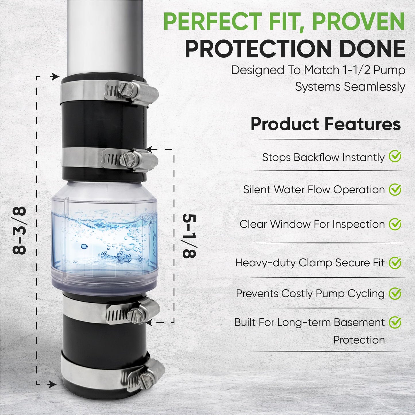 PumpSpy Silent Check Valve - 1-1/2" with Buna-N Couplings, Model CV-150, Spring-Loaded Flapper, Sump Pump Life Expectancy Increase, Includes Steel Clamps Fit 1-1/2″ Pipe