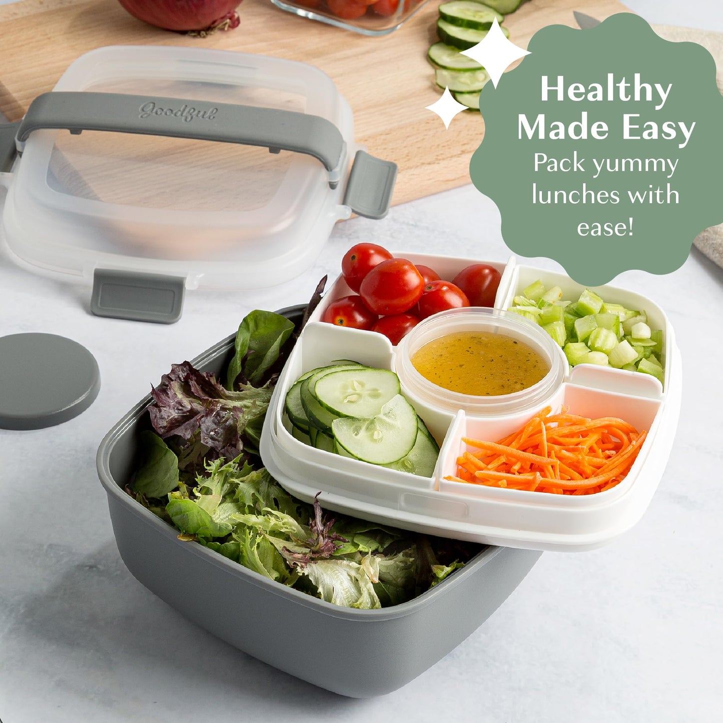 Goodful Stackable Lunch Box Container, Bento Style Food Storage with Removeable Compartments for Sandwich, Snacks, Toppings & Dressing, Leak-Proof and Made without BPA, 56-Ounce, Gray