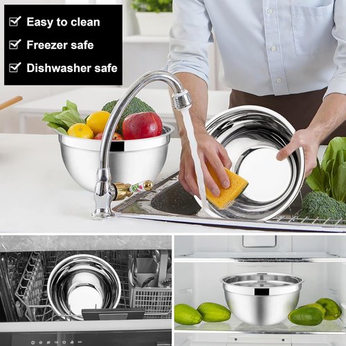 E-far Stainless Steel Mixing Bowls - 6-Piece Set with Airtight Lids | Stackable Design, 4.5 QT, 3 QT, 1.5 QT (Black)