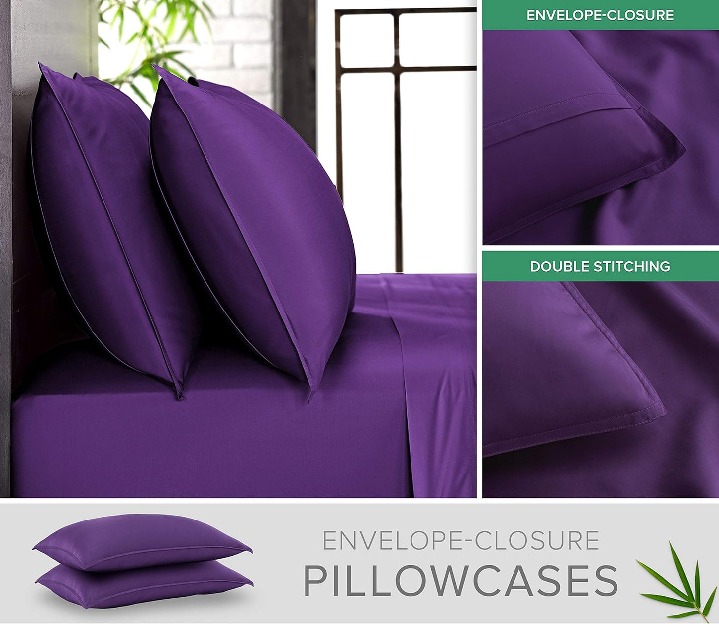 Pure Bamboo Twin Sheet Set - 100% Organic Viscose, Luxuriously Soft & Cooling, Double Stitching | Purple
