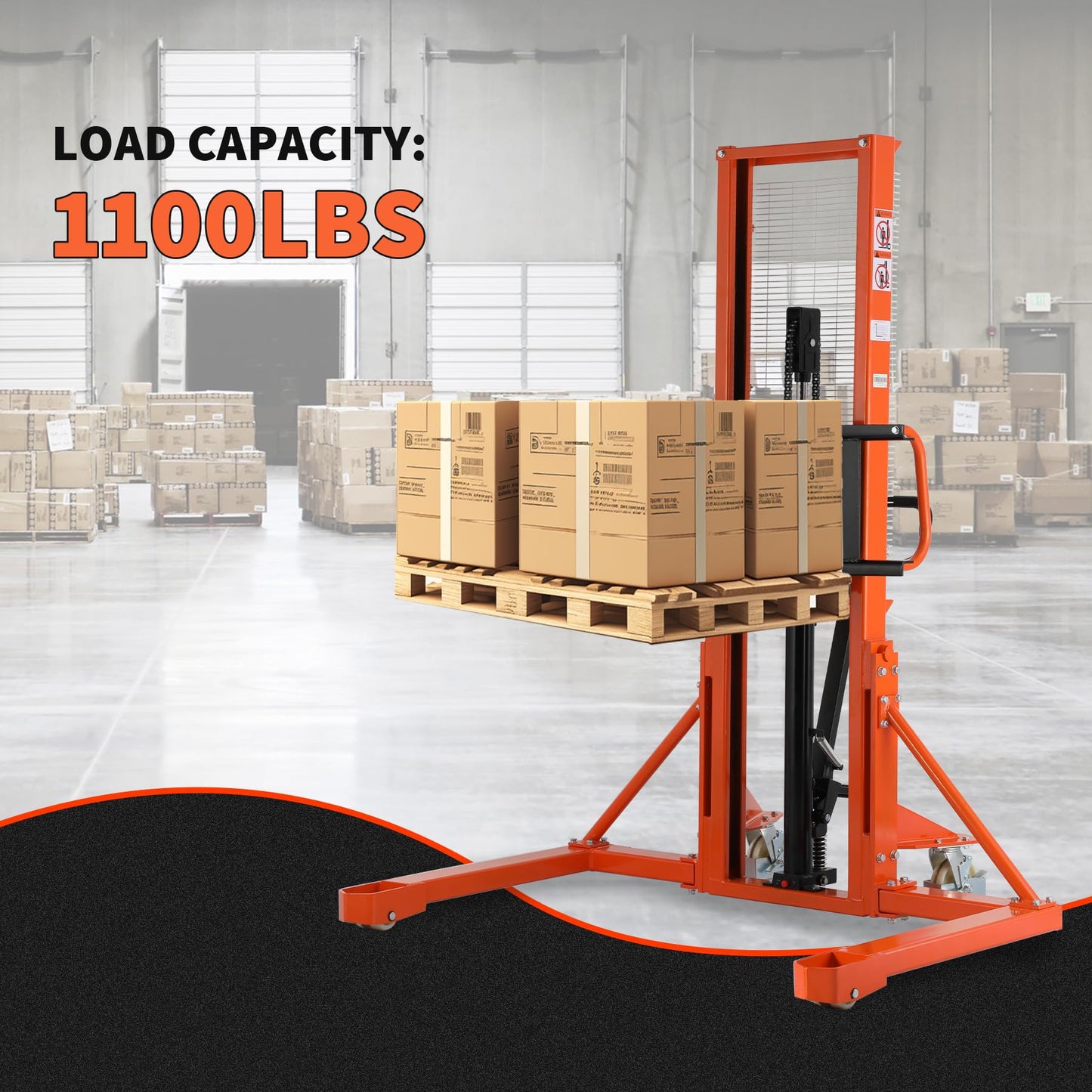 Tory Carrier Manual Stacker Material Lift 63” Lifting Height 1100lbs Capacity with Straddle Legs Hydraulic and Adjustable Forks Forklift