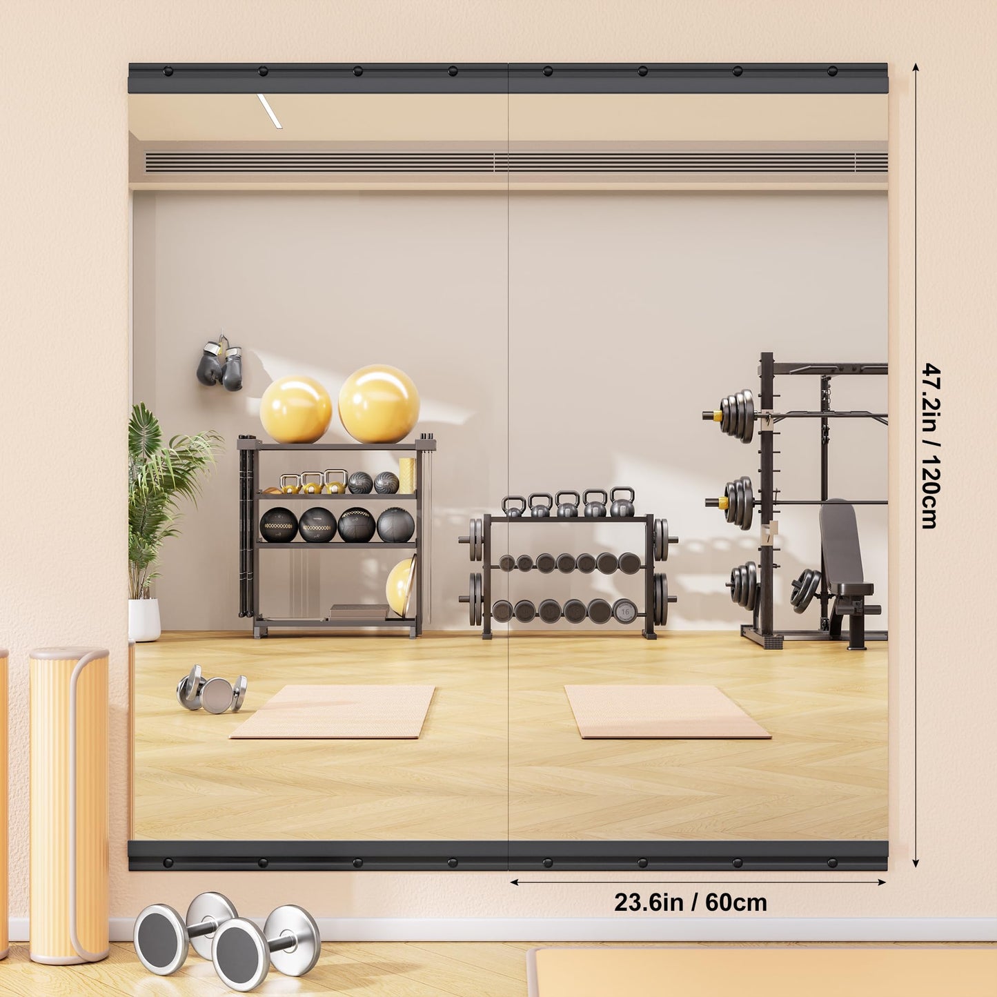 Hasipu 2 Pcs 48''x24'' Home Gym Mirror Large Full Length Wall Mounted Full Body Mirror for Yoga Dance Fitness Exercise Studio Bedroom Garage, Frameless Tempered Glass Workout Mirrors Black Rectangular