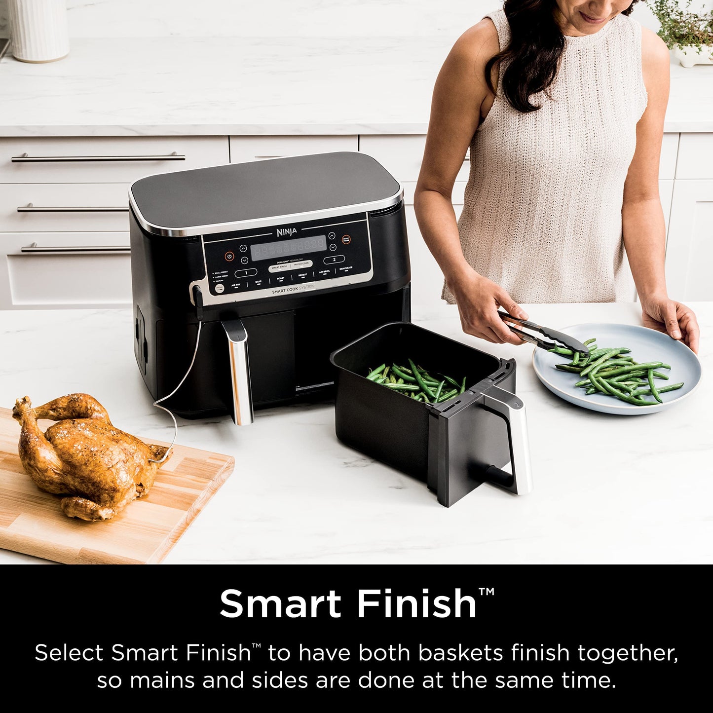 Ninja DZ550 Foodi 10 QT 6-in-1 DualZone Smart XL Air Fryer with 2 Independent Baskets, Smart Cook Thermometer for Perfect Doneness, Match Cook & Smart Finish to Roast, Dehydrate & More, Grey