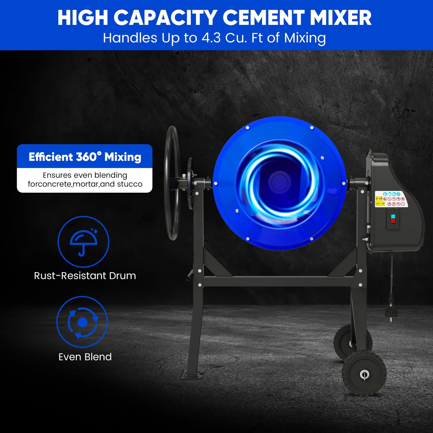 BSMTEK Electric Cement Mixer, 4.3 Cubic Ft. 450W Portable Concrete Mixer Machine with Stand And Wheels for Stucco, Mortar, Seeds, Blue-2026 Upgraded