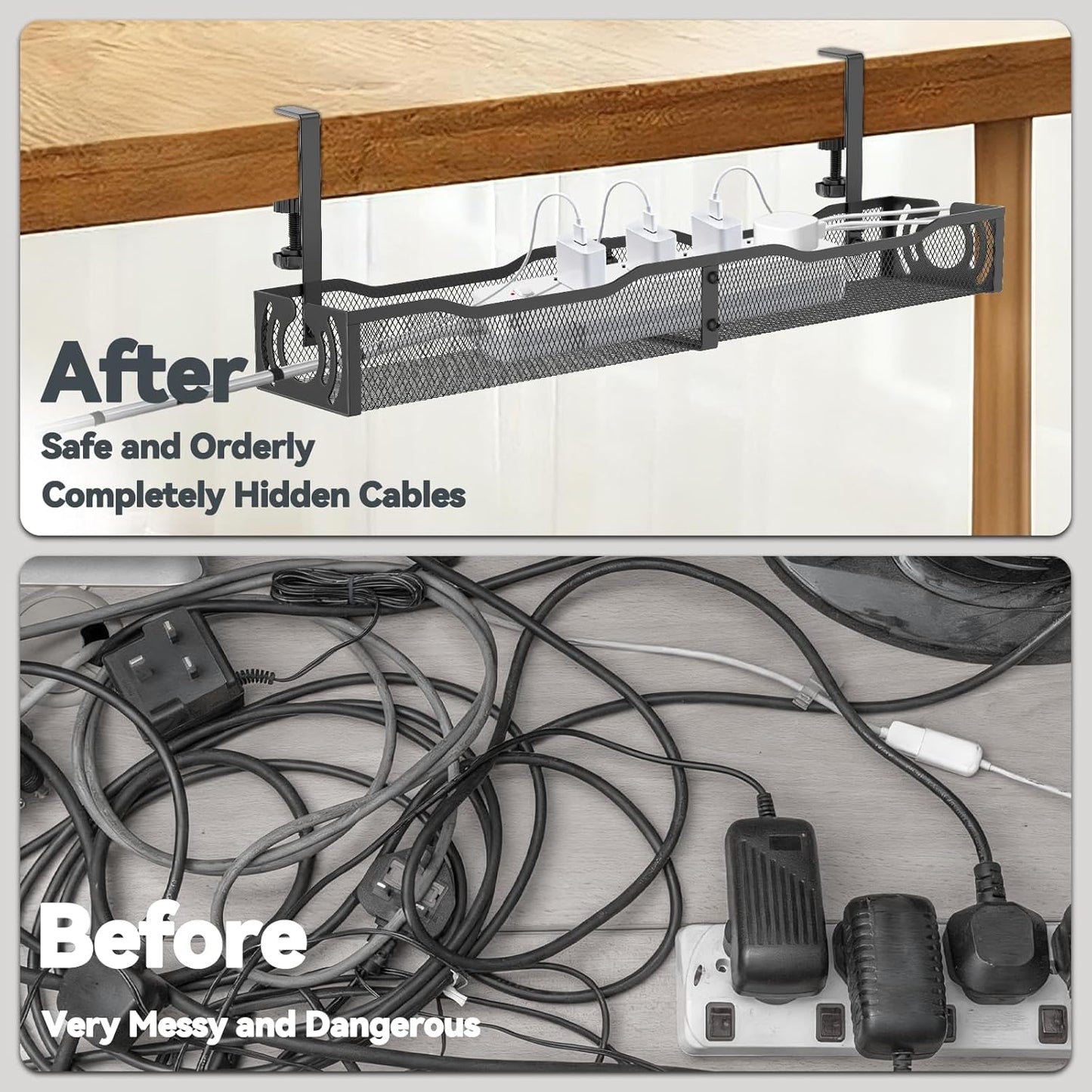 LOVJOYSE 25.3'' Cable Management, Under Desk Cable Management Tray No Drill, Metal Cable Organizer with Clamp for Wire