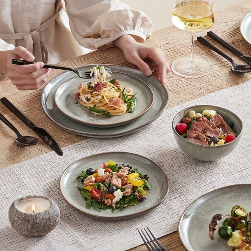 KINGSTONE 24-Piece Stoneware Dinnerware Set - Handcrafted Reactive Glaze Plates & Bowls for 8 | Scratch Resistant, Dishwasher & Microwave Safe, Grey