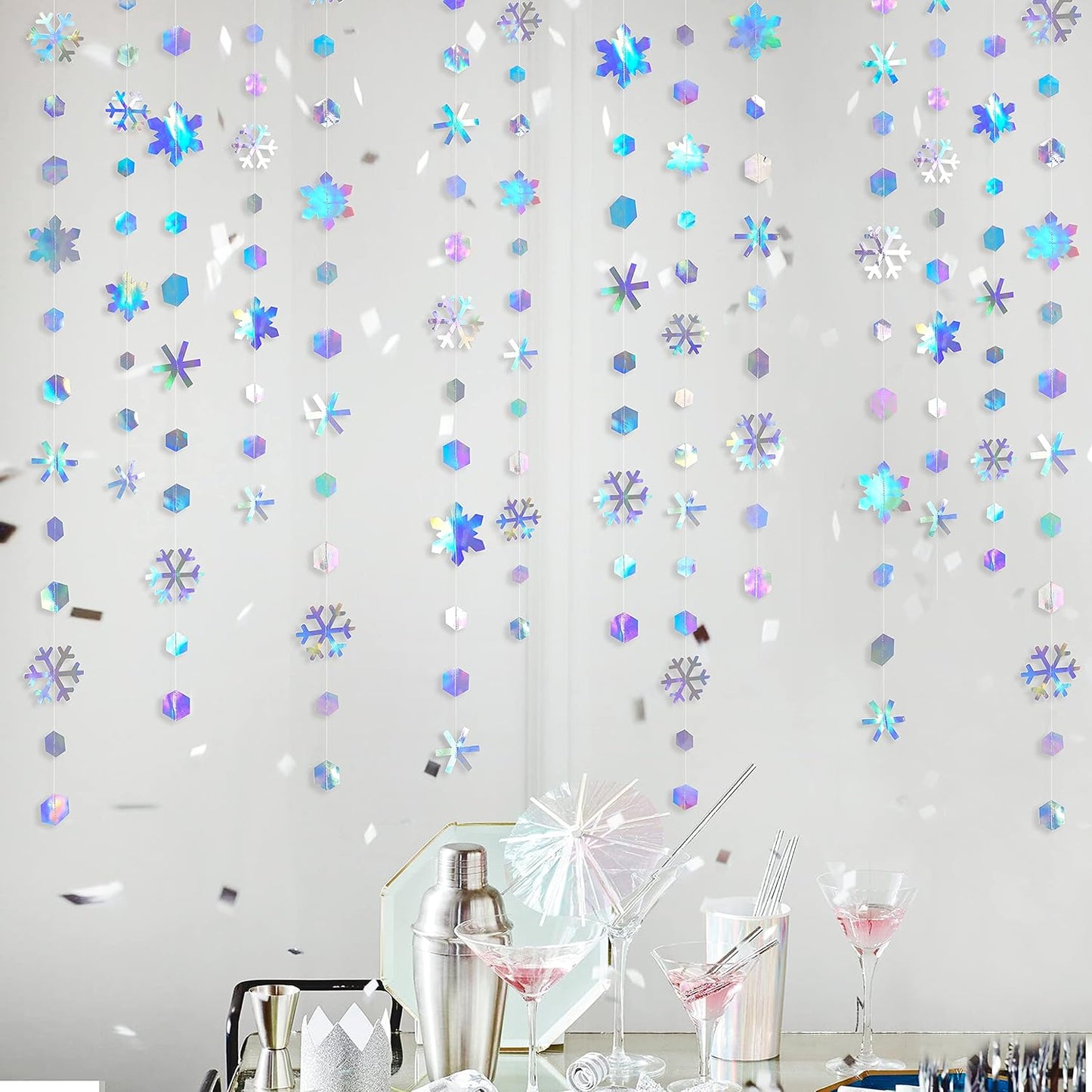 Winter Wonderland Party Decoration - Iridescent Snowflake Garland by [Brand Name] | 52Ft Holographic Streamer for Christmas & Weddings