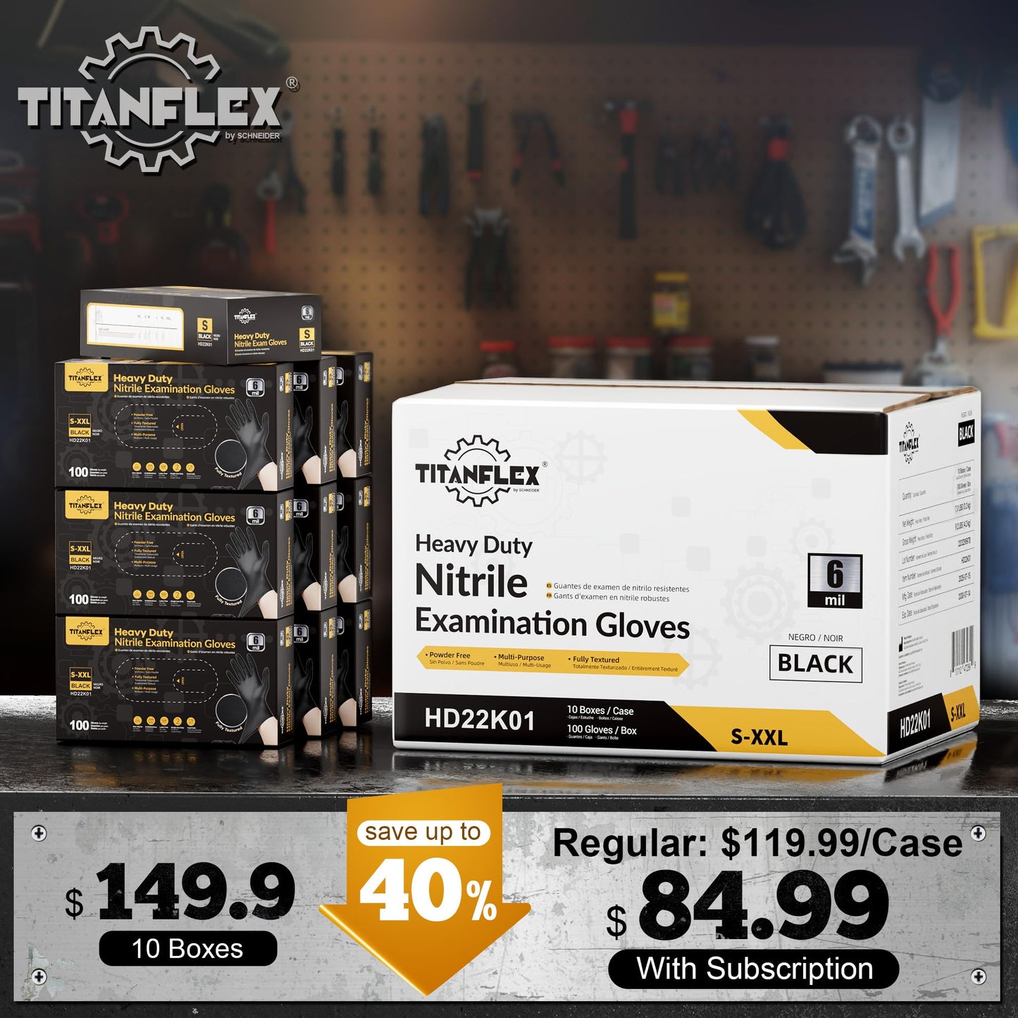 TitanFlex Heavy Duty Black Nitrile Gloves, 6-mil, Fully Textured, XXL 1000-ct Box, Mechanic Disposable Gloves, Work Gloves, Latex Free, Powder Free, Rubber Gloves for Food Prep