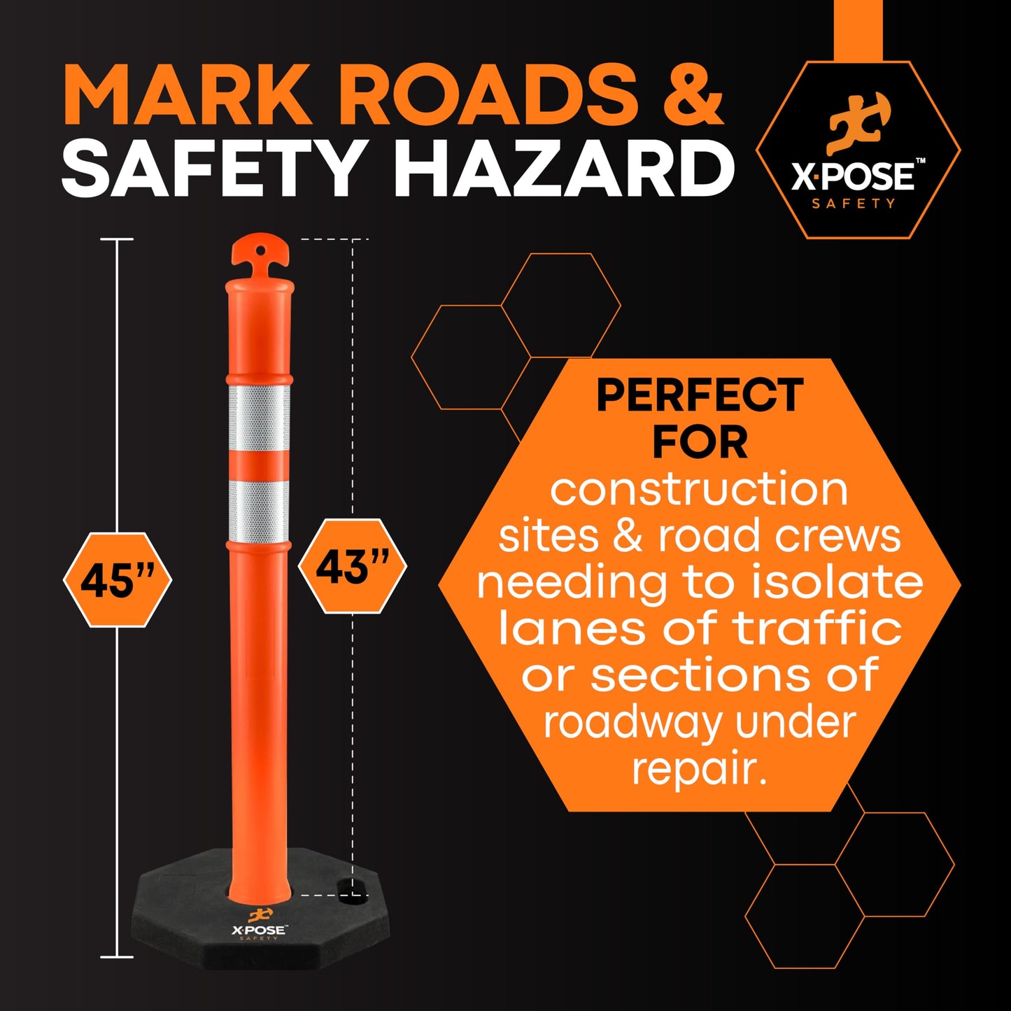 Xpose Safety 45" Orange Delineator Posts with Base, 3-Pack – T Top, 10" Reflective Band, 13 lb Rubber Base – Traffic, Parking, Construction, Events