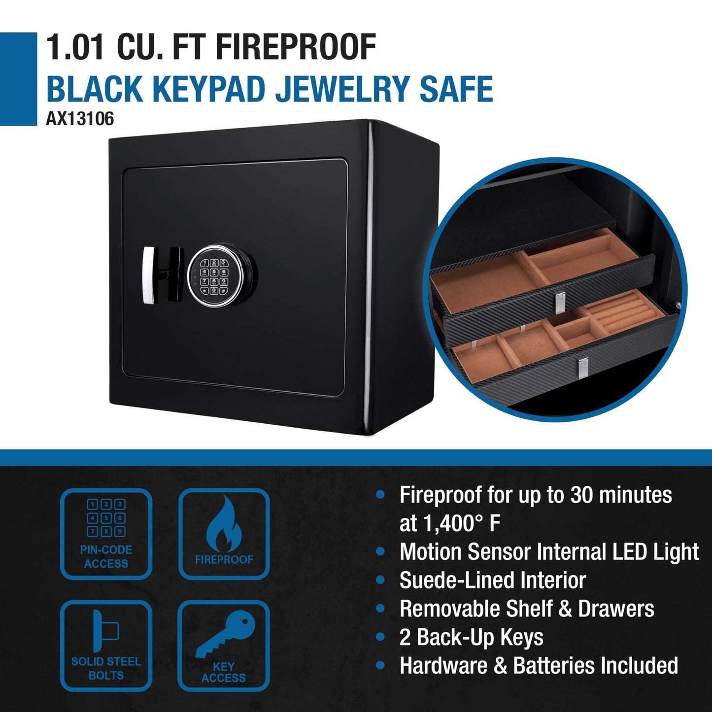 Barska Digital Keypad Fireproof Jewelry Safe 1.01 Cubic Ft, One Size, Black AX13106