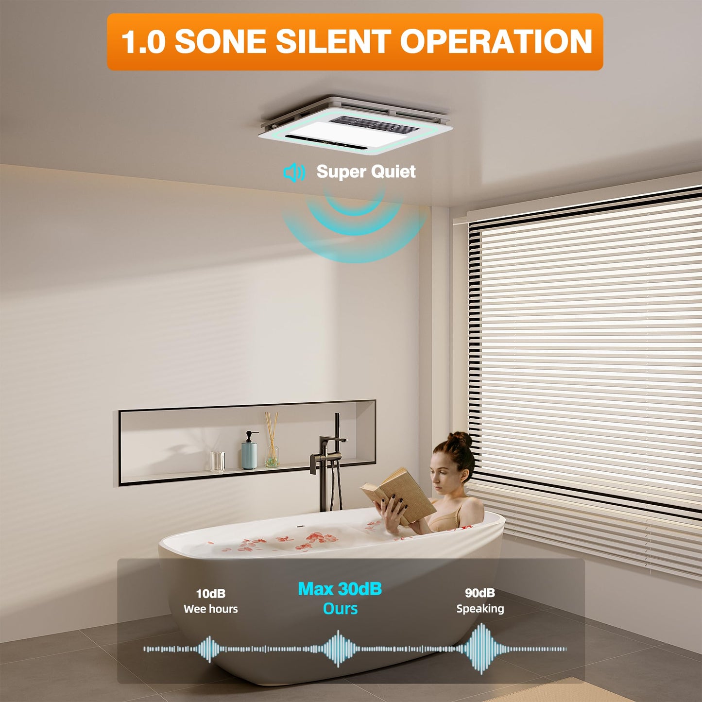 Oeukas 4-in-1 Bathroom Exhaust Fan with Light and Heater, 190 CFM Powerful Ventilation, 1800W Pro-Grade Fast Heating, 1.0 Sone Ultra-Quiet, Remote Control Ceiling Bath Fan with RGB Ambient Light