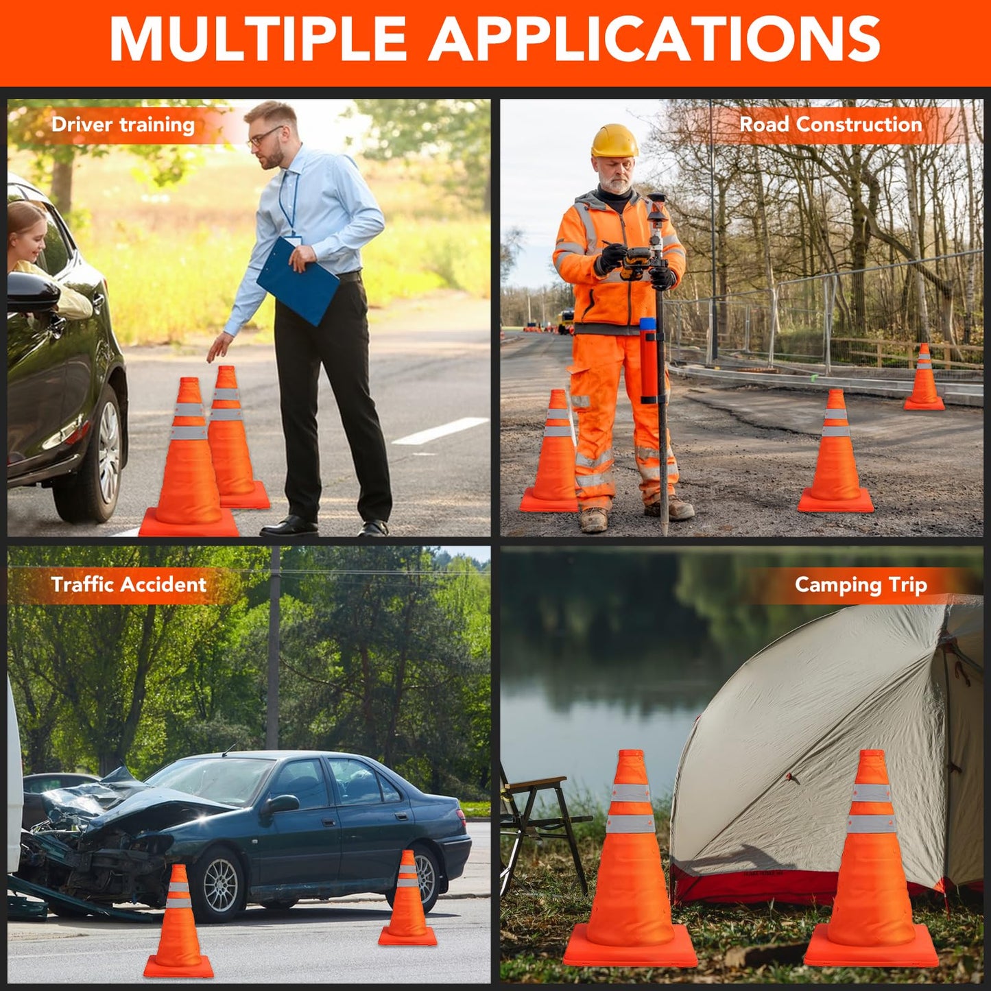 TENKAIWICK 18 Inch 6 Pack Traffic Cones,Collapsible Safety Cones,Multi Purpose Pop-up Cones with Reflective Collar,Orange Cones for Parking lot, Driveway, Driving Training etc