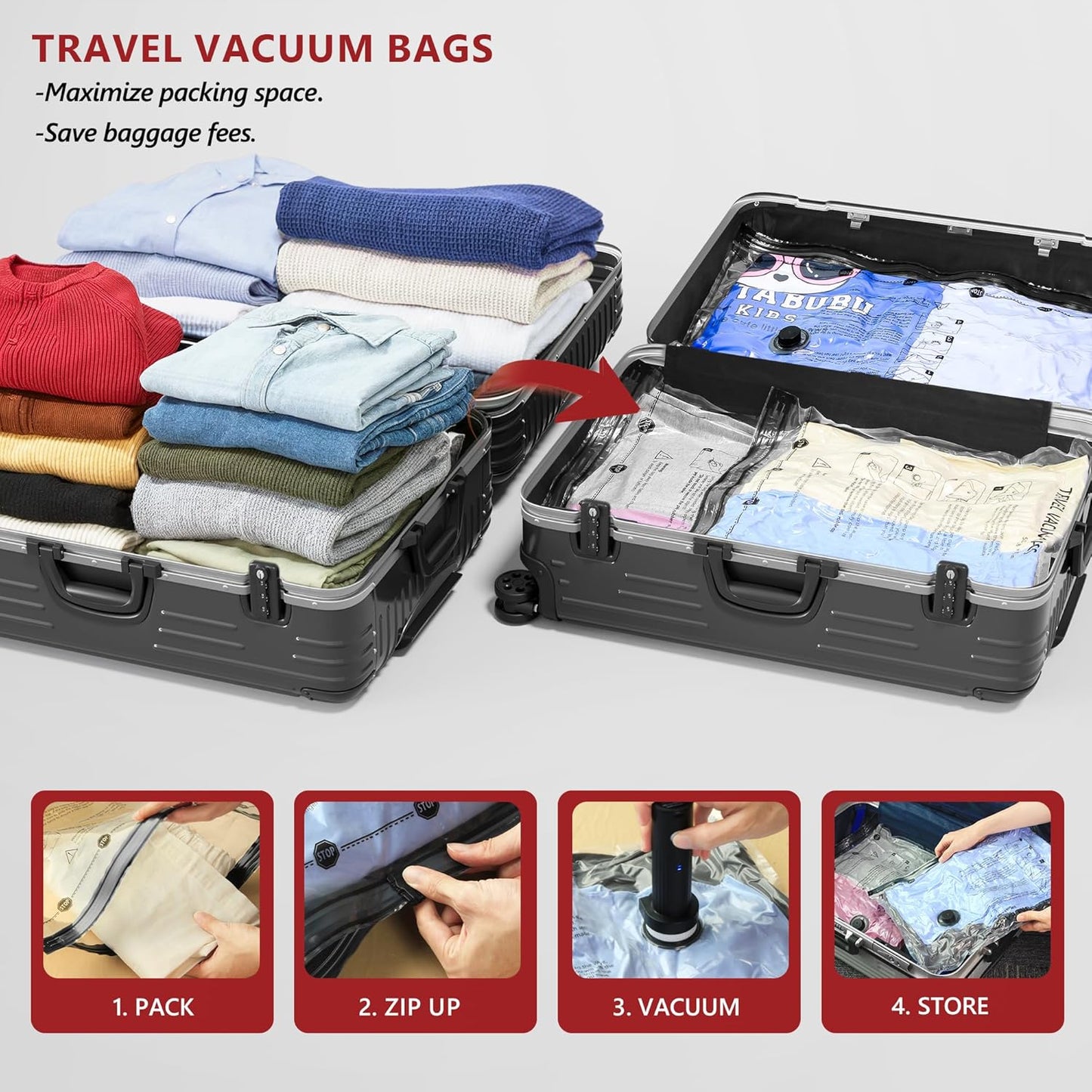 Skiennix Travel Vacuum Bags - Rechargeable Electric Pump Compression Storage | 8 Small Space Saver Bags