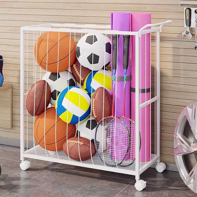 Ball Storage Bin Rolling Sports Ball Cart, Metal Garage Organizer Sport Rack, Ball Basket Storage, Ball Cage for Garage or Gym, Indoor & Outdoor Sports Equipment Organizer white