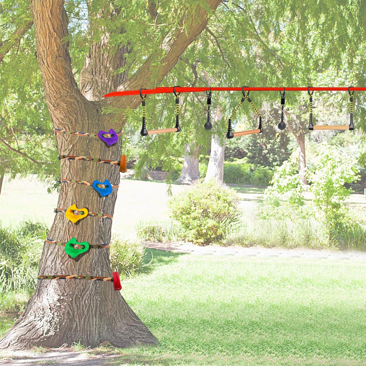 SELEWARE 3-Pack Kids Monkey Bars for Backyard & Indoor – Hanging Monkey Bars Ninja Line Accessories, Ninja Warrior Accessories for Obstacle Course Training