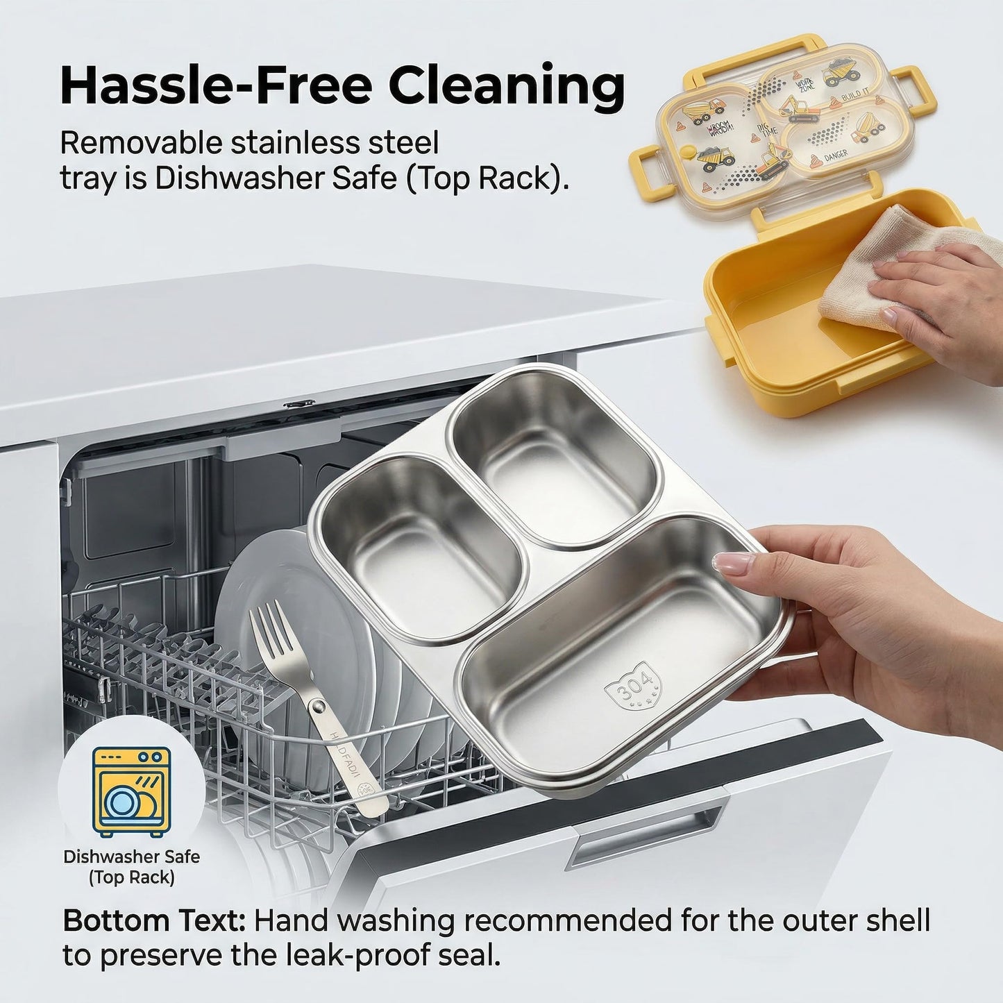 WORTHBUY Microwavable 304 Stainless Steel Bento Box With Utensils, Metal Lunch Container With 3 Compartments, Leak Proof Lunch Box, Portable Concealed Handle, BPA Free, Dishwasher Safe [Car]