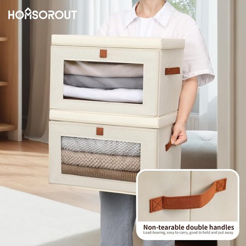 Homsorout Large Closet Storage Bins - Collapsible Clothing Organizers with Handles & Windows | 8-Pack Beige