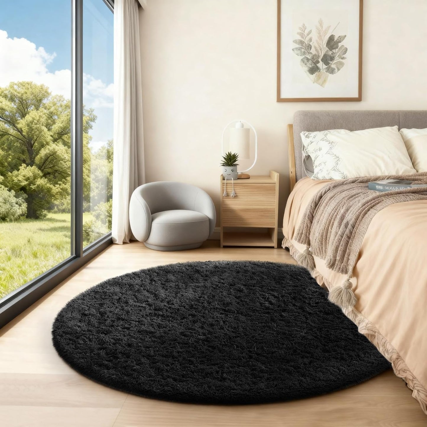 Ophanie Round Rug - 4Ft Black Circle Area Rug | Fluffy Soft Shaggy Carpet for Bedroom & Nursery Decor