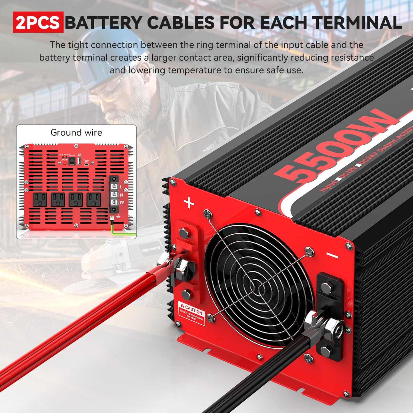 5500W Power Inverter 12V DC to 120V AC, 11000W Peak Off-Grid Solar Converter for 12V Battery Bank, RV, Truck & Home Backup Power System, 4 AC Outlets, USB & Type-C Port, LCD Remote Controller