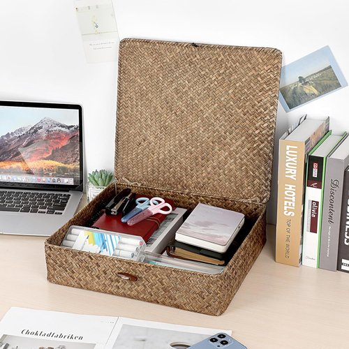 Hipiwe Seagrass Storage Basket - Woven Wicker Bin with Lid for Home Organization | Coffee X-Large
