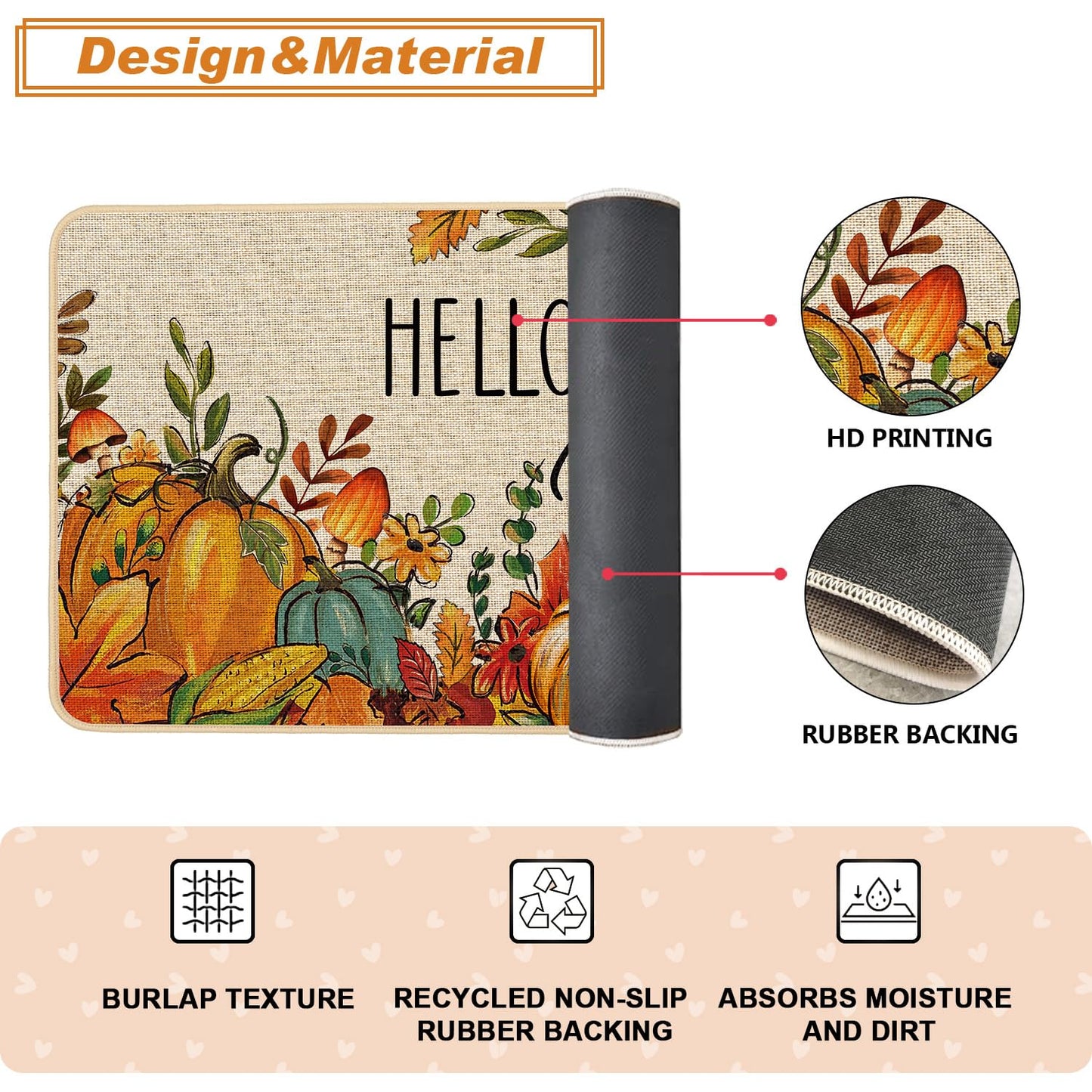 Baccessor Fall Pumpkins Kitchen Rugs Set of 2,Thanksgiving Autumn Pumpkins Floral Leaves Low-Profile Non Slip Absorbent Kitchen Mats for Floor Farmhouse Home Decor 17x29 and 17x47 Inch
