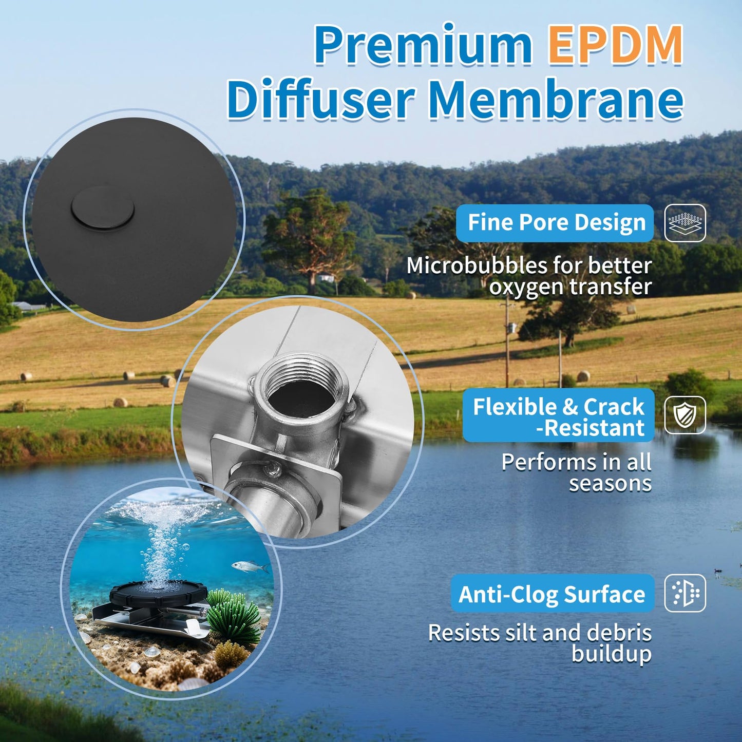Pond & Lake Aeration Accessories, Self-Weighted Stainless Steel Base, Membrane Diffuser, Stainless Steel Connectors for 3 Hose Sizes, and 3 Sets of Clamps, Ideal for Outdoor Aeration Systems.