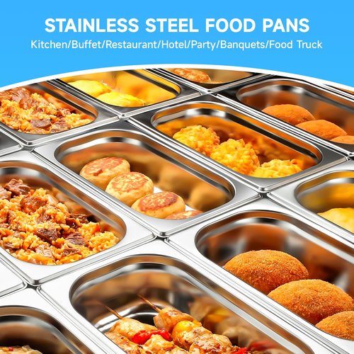 Hotel Pan with Lids 6 Pack 1/4 Size 4" Deep Stainless Steel Steam Table Pan, Commercial Food Pans for Catering Buffet Chafing Dish Pans Metal Steam Tray (1/4 Size x 4 Inch Deep, 6 Pack)