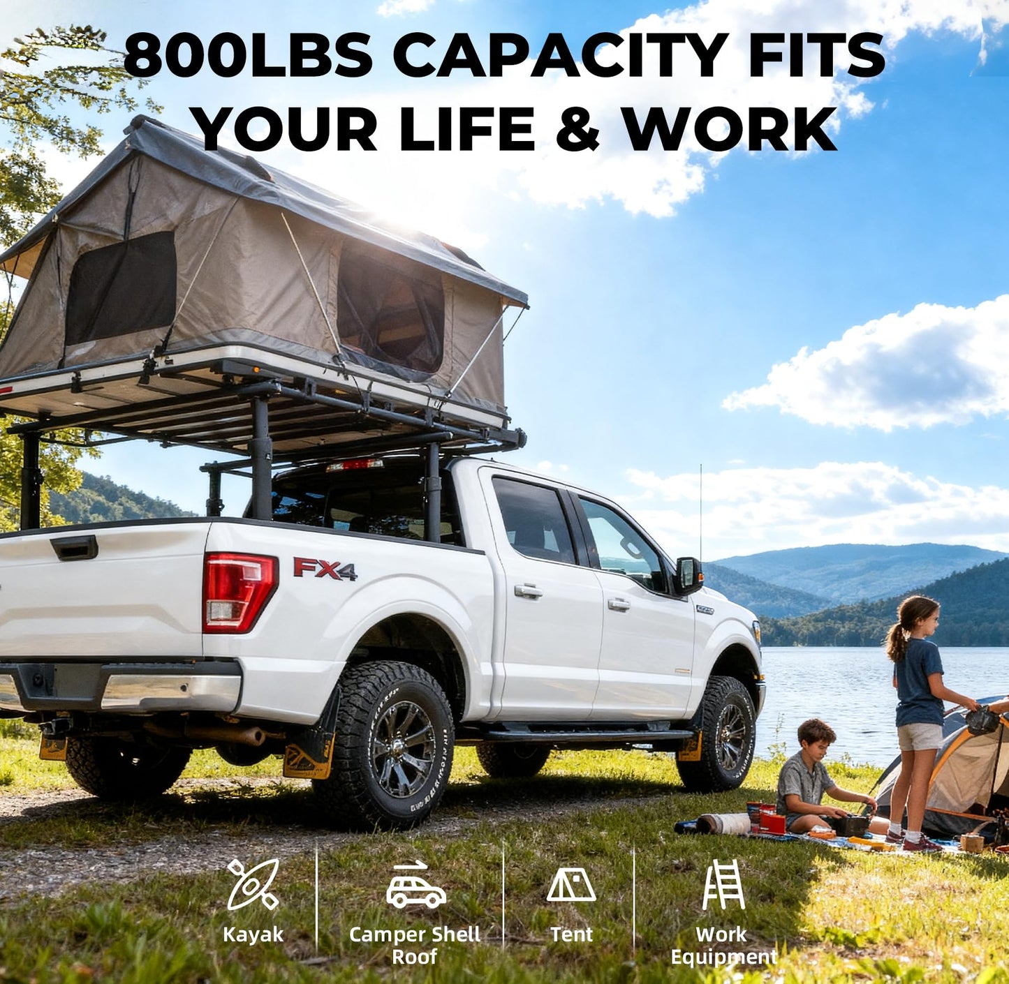 TRUMGETA Ladder Rack for Truck, 800 LBS Capacity Truck Bed Rack, 19"-25" Height-Adjustable Aluminum Truck Ladder Racks, Fit for Large-Size Pickup Ford F150/Ram 1500/Chevy Silverado/Sierra No Bed Rails