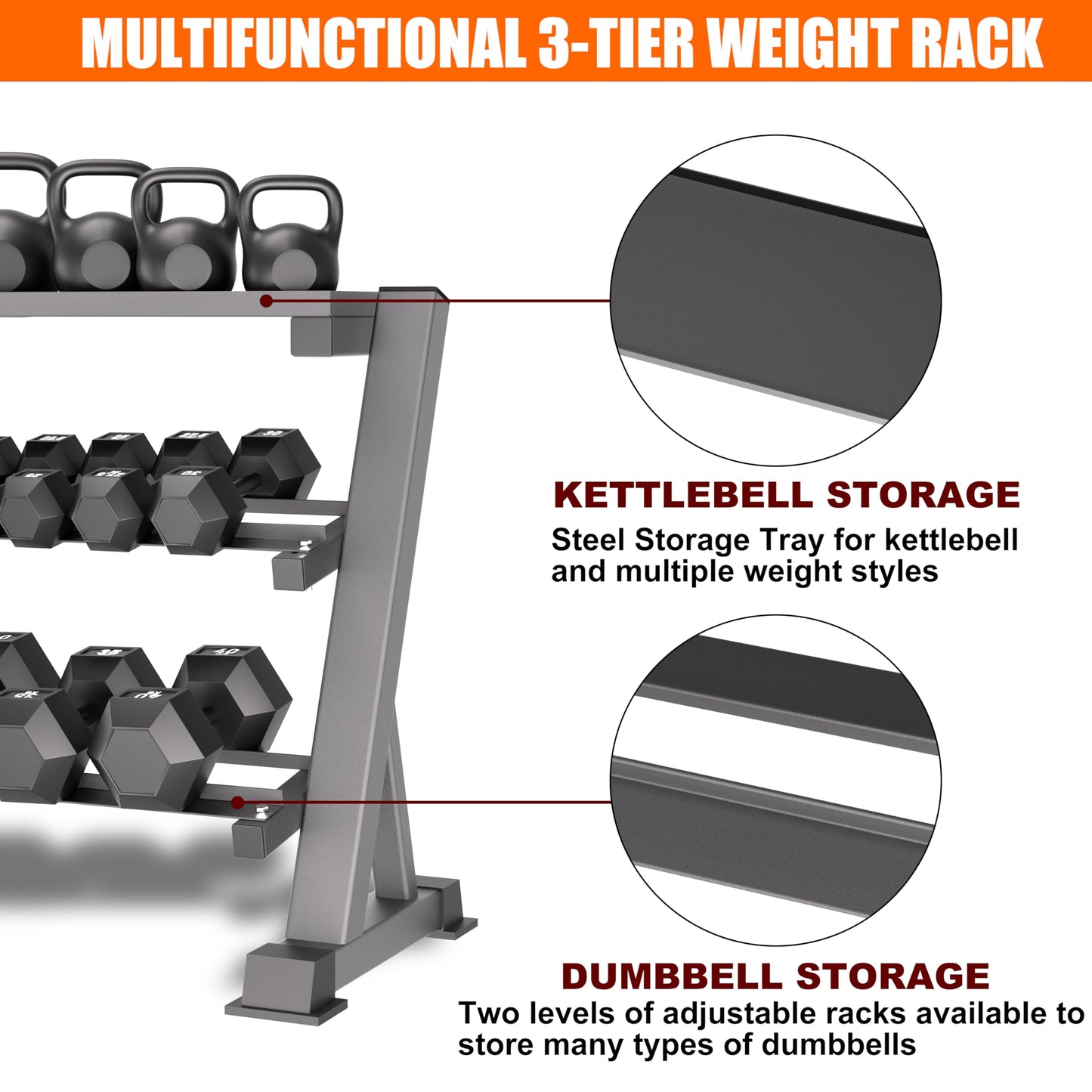 CHICAURA Heavy Duty 3 Tier Dumbbell Rack Stand, 1200LBS Weight Rack for Home Gym, Dumbbell and Kettlebell Storage with Adjustable Width, Stand Only