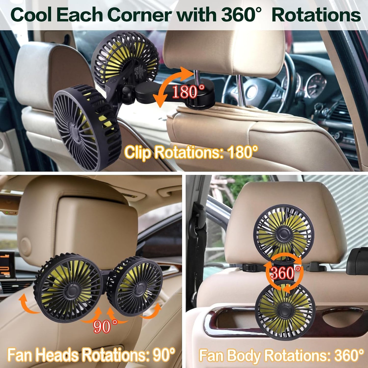 Car Backseat Fan for Backseat Kids, Dual Head Usb Car Headrest Fan for Car Backseat Kids (No Battery)