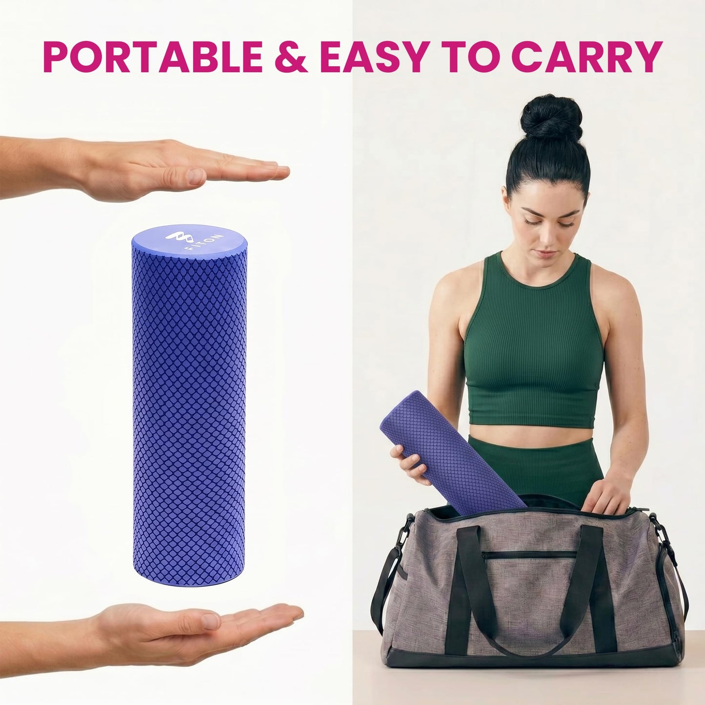 FitOn Foam Roller for Muscle Recovery - Compact and Portable, High-Density Foam Roller for Back Massage & Deep Tissue Relief and Home Exercise, Ideal for Use on Neck & Leg Soreness, 12"x4", Purple
