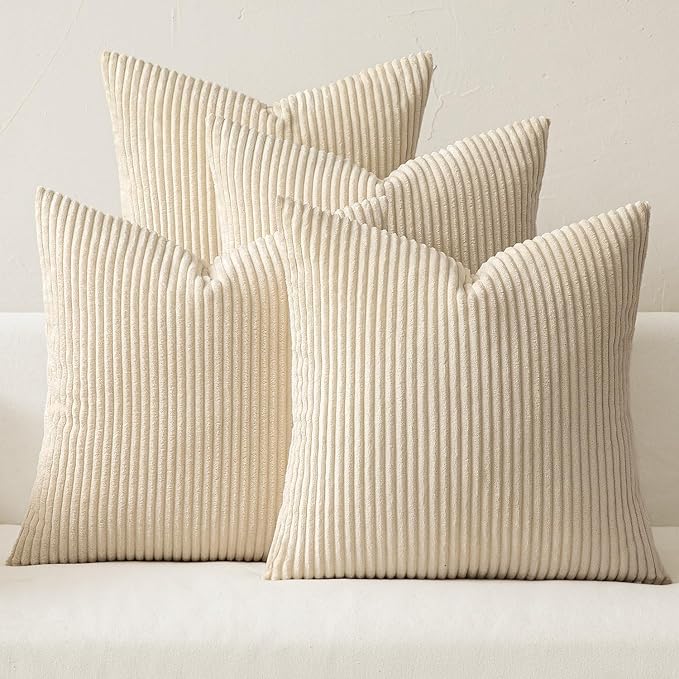 MIULEE Boho Farmhouse Throw Pillow Covers 20x20 Inch Set of 4 Mordern Nordic Cushion Covers Soft Corduroy Spring Home Decor for Couch Bed Sofa Living Room Beige