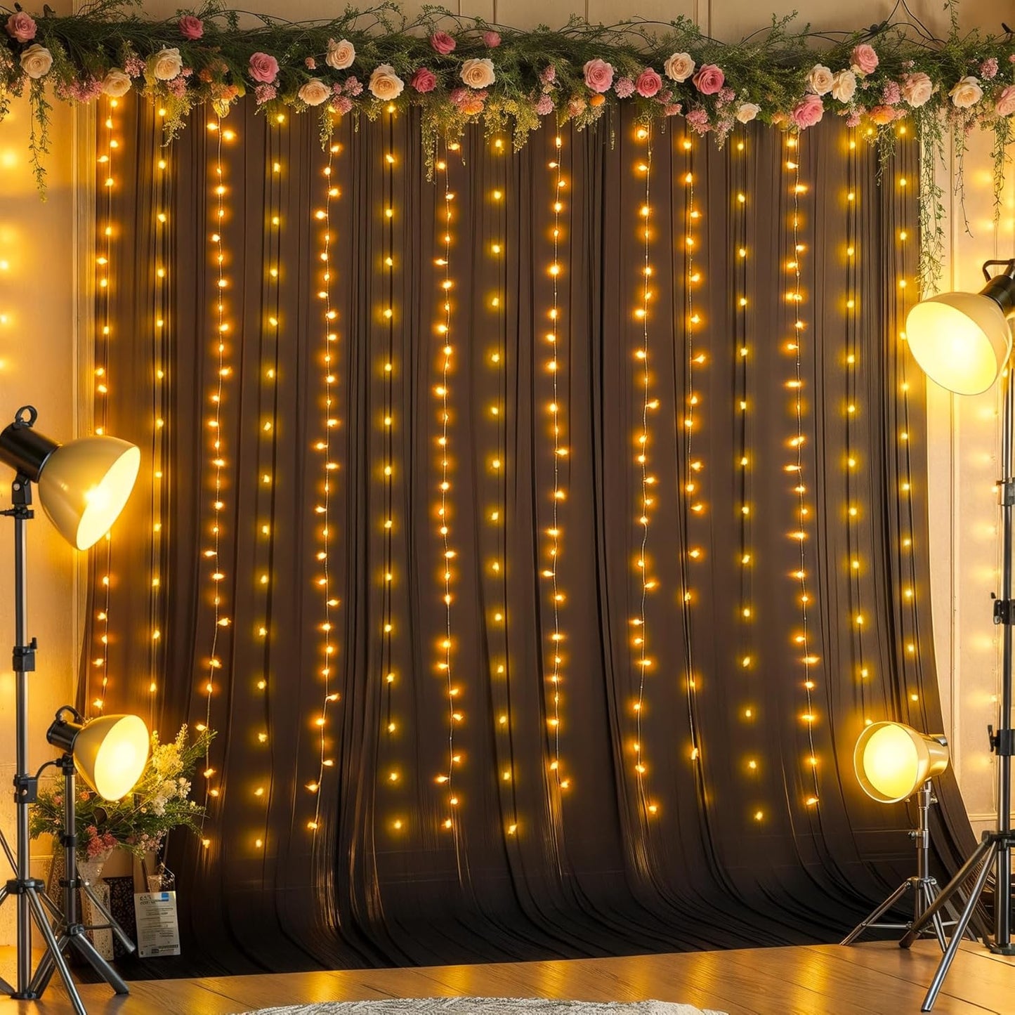 Wish Care 10x10FT Black Wrinkle Free Backdrop Curtains with Lights String for Parties - Photo Curtain Backdrop